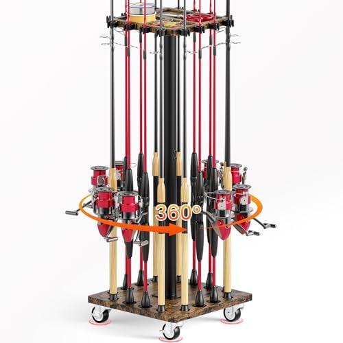 Fishing Rod Rack for 16 Poles - 360° Rotating Base, Easy to Install & Durable Wooden Pole Holders for Garage, Fishing Rod Equipment Organizer Storage Stand for Ground, Fishing Gifts for Men, Brown by OFIDELITY