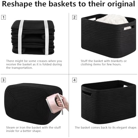 4 Pack Storage Baskets for Organizing Toys, Towels, and Clothes, Woven Basket for Shelves, Sturdy Nursery Cube Bins for Storage, 13''L x9''W x7.8''H, Black - Image 6