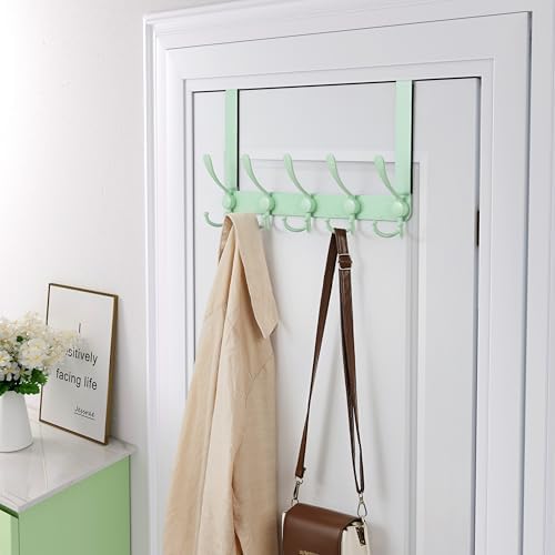 Dseap Over The Door Hook Hanger - Fits 1 3/8" to 1 3/4" Standard Doors | 5 Tri Hooks Heavy Duty Towel/Coat Rack | Door Organizer for Clothes, Jackets, Hats, Towels, Green, Pack of 2 - Image 3
