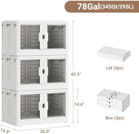 BROVIEW 345Qt Stackable Storage Bins with Lids & Wheels, 3-Pack Large Plastic Collapsible Latching Boxes, Closet Organizers and Storage Cabinet Shelves, for Home Garage Office Organization, V7 White - Image 2