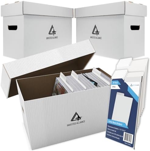 Invested Alliance Bundle Set Premium Short Comic Book Storage Box Organizer with Lid | Thick Cardboard Comic Storage Box For Collectibles Fits 150-175 Current/Silver Age, Heavy Duty & Stackable. by InvestedAlliance