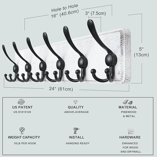 Dseap Coat Rack Wall Mounted - 24" Long 6 Tri Hooks, Heavy Duty Wooden Wall Coat Hanger Coat Hook for Clothes Hat Jacket Clothing, White and Black, Pack of 2 - Image 6