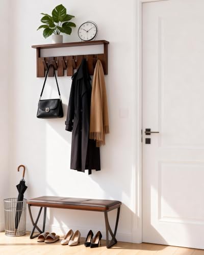 Wooden Coat Rack Wall Mount with Shelf, Heavy Duty Entryway Organizer with 6 Hooks,Coat Hooks Hanger for Coats, Hats, Bags & Towels, Walnut Wall Hanger for Hallway, Bedroom, Kitchen (6 Hooks) - Image 2