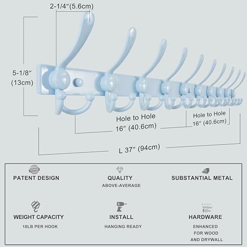 Dseap Coat Rack Wall Mount 37”, Heavy Duty 12-Gauge Base vs Flimsy 1mm, Double-Thick Anti-Snap Hooks, 16” Stud-Mount, Stainless Steel 10-Hook Hanger for Closet Entryway, Blue, Pack of 2 - Image 7