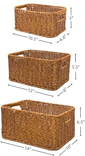 GIB Woven Storage Baskets for Organizing, Plastic Wicker Storage Baskets for Shelves, Waterproof Rectangular Storage Bins Organizers for Closet Pantry Table, Set of 3, Brown - Image 2