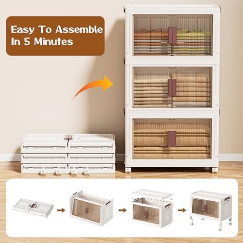 60GAL/240QT 4 tier large stackable storage bins with lid and wheels, collapsible storage bins plastic with doors，suit for clothes, closet, home and office - Image 4