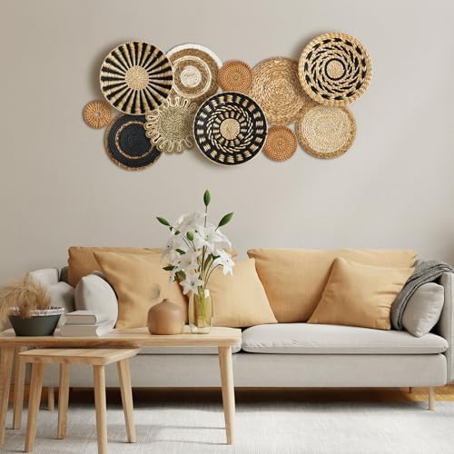 11 Pcs Boho Hanging Wall Basket Decor Handmade Woven Basket Wall Decorative Boho Wicker Baskets Placemats Round Farmhouse Bulrush Art for Rustic Home Decorations Christmas Gift(Assorted) - Image 2