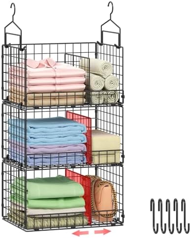 Sonyabecca 3-Tier Extra Large Closet Hanging Organizer with Dividers, Clothes Hanging Shelves with 2 Hanging Hooks & 5 S-Hooks, Wire Storage Baskets for Sweaters, Shoes, Handbags & Accessories by Sonyabecca