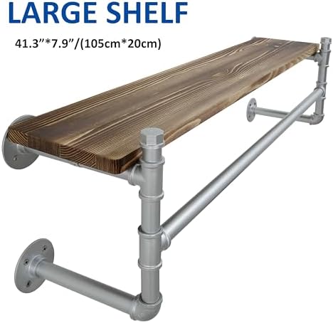 WEBI Wall Mounted Clothes Rack with Shelf,41.3" Industrial Pipe Clothing Rack with Shelf with Hanging Rod,Heavy Duty Iron Garment Rack Bar,Retail Display Clothes Rod for Laundry Room,Closet,Silver - Image 6