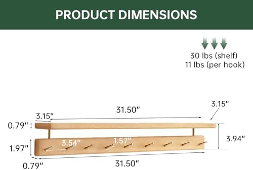 Solid Wood Wall Hooks with Shelf, Coat Rack Wall Mount, Entryway Hanging Shelf with 9 Brass Hooks for Hats, Clothes, Towels, Bags, Beech Wood, Natural - Image 2