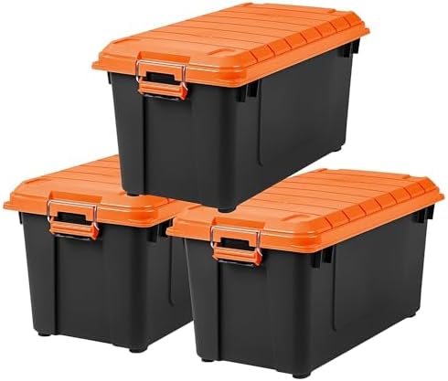 IRIS USA 21 Gallon Heavy-Duty Plastic Storage Bins, Store-It-All Container Totes with Durable Lid and Secure Latching Buckles, Garage and Metal Rack Organizing, Black/Orange, 3 Pack by IRISUSA