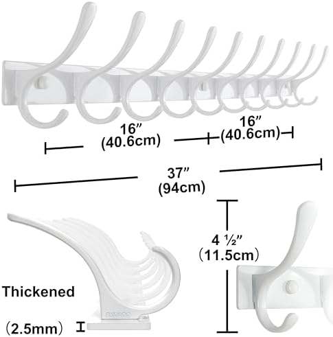 SKOLOO Wall Mounted Coat Rack - 10 Hooks, Heavy Duty, Stainless Steel, Metal Wall Hangers, Sturdy Coat Hooks for Hanging Coats, Jacket, Clothes, Hat, White - Image 6