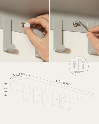 Kazai. Coat Rack Wall Mount with Shelf 'Holmsen' | Coat Rack with Shelf for Storage and Display | Wall Hooks for Hanging Clothes and Purses | Modern Entryway Hangers in Metal | Silk Gray - Image 4