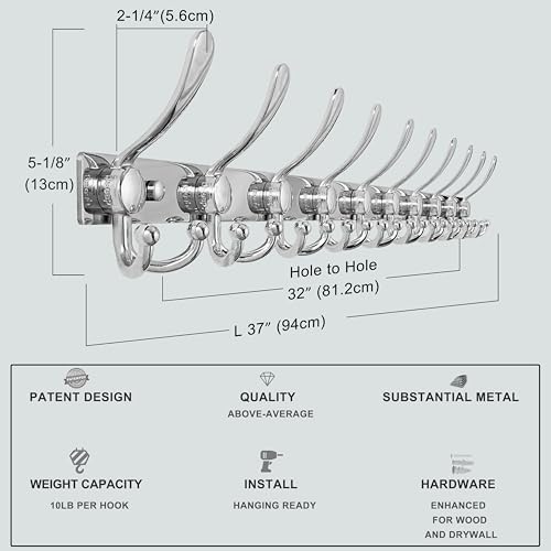 Dseap Coat Rack Wall Mount 37 Inch, Heavy Duty 12-Gauge Base vs Flimsy 1mm, Double-Thick Solid Anti-Snap Hooks, 16” Stud-Mount, Stainless Steel 10-Hook Hanger for Closet Entryway, Chromed - Image 5