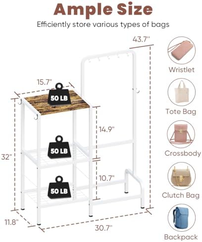 Floor-Standing 3-Tier Purse Organizer, High-Capacity Bag Holder with 8 Hooks, Multi-Functional Purse Rack for Various Bags, Handbag Display Stand Shelf for Closet, Bedroom, Entryway, White - Image 3