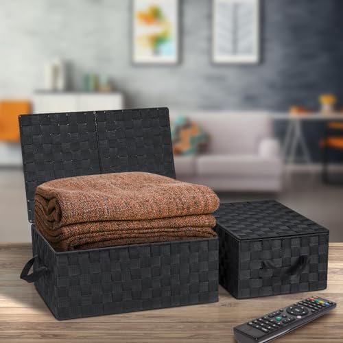 Sorbus Woven Storage Basket with Lid, Set of 3 (Black) - Image 3