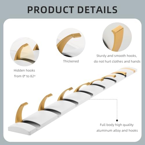2 Pack Foldable Stylish Modern Hook Rack with 8 Hooks, Heavy Duty Metal Coat Rack, Metal Coat Hook Rail for Coat Hat Towel Purse Robes Mudroom Bathroom Entryway (White and Gold) - Image 4