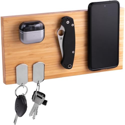 Premium Magnetic Bamboo Key Holder for Wall, No Drill Wooden Key Rack with Strong Magnets, 3M Adhesive Entryway Organizer for Keys, Phone, Earbuds & Everyday Essentials by Unknown