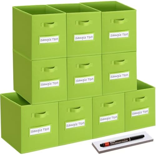 11x11 storage cube bins (Set of 10) Foldable Fabric storage cubes with 10 Labels Window Cards & a Pen,11 inch cube storage bin,Closet Organizers for Shelves,Cubby Organizer Boxes,lime green by Artsdi