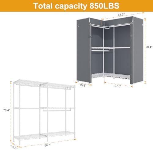 ULIFHOME E15C Garment Rack L Shaped Clothes Rack for Corner，Freestanding Clothing Racks for Hanging Clothes，Heavy Duty Closet Organizer 43.4"W x 15.8"D x 78.4"H，White Rack with Grey Dustproof Cover - Image 3