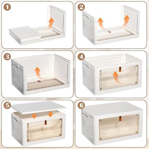 YFXCVSL 3 Tier Plastic Storage Bins with Lids 35QT, Stackable Storage Containers with Wheels, Folding Storage Boxes, Extra Large Collapsible Storage Bins, White - Image 4