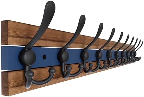 SKOLOO Rustic Wall Mounted Coat Rack - 38-1/8" Long Coat Hooks for Wall with 10 Triple Hooks for Hanging Coats, Hats or Tools, Western National Parks Collection, Wood Brown & Blue by SKOLOO