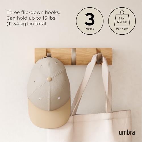 Umbra Flip Coat Rack, Wall Mount Retractable Hooks, 3-Hook, Natural/Nickel - Image 5