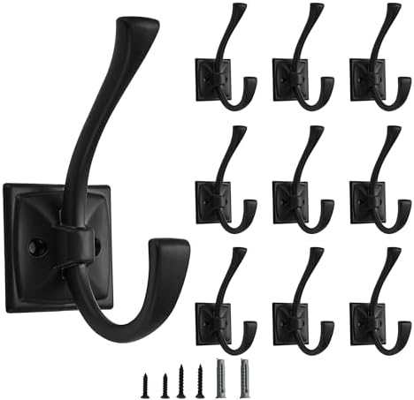 10 Pack Decorative Heavy Duty Towel Hooks for Hanging Robe Double Matte Black Coat Hooks Wall Mounted with Screws for Key, Towel, Bags, Cup, Hat by CABDM