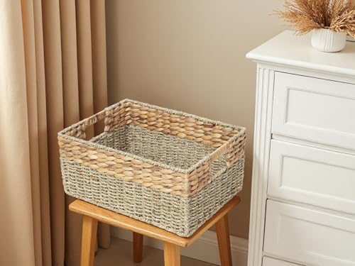 YAHUAN Natural Water Hyacinth & Seagrass Woven Storage Baskets – Wicker Storage Basket Organizer Bins with Handles for Home & Office Pantry Shelf (Large) - Image 5