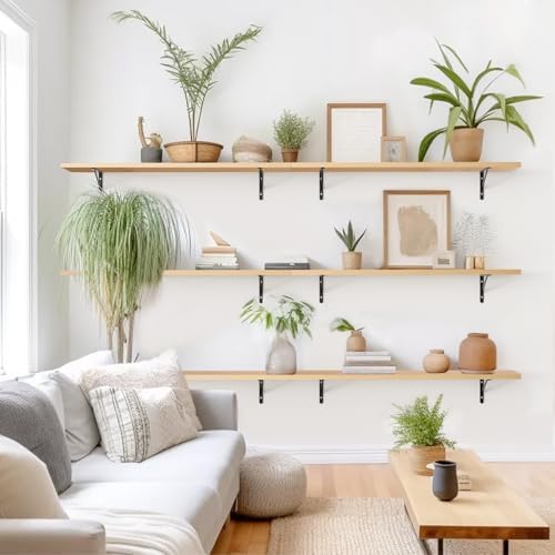 Kaboon 45 inch Long 10 inch Deep Floating Shelves for Wall Set of 2, Large Open Shelves Wall Mounted, Space Saving Home and Commercial Use, Light Walnut - Image 2