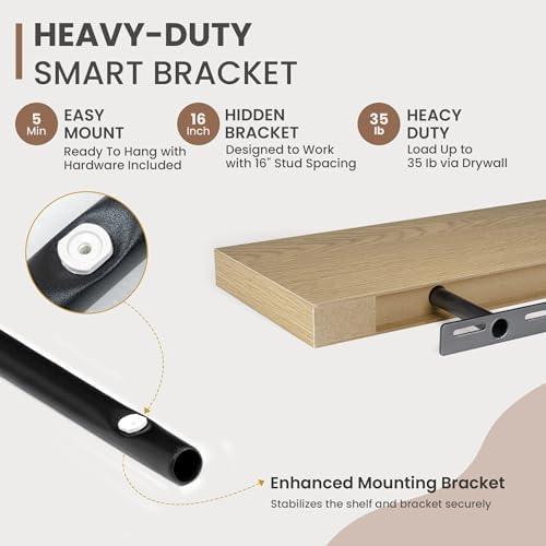 Acovy 30 Inch Floating Shelves, 8 Inch Deep Floating Shelves for Wall, Hanging Shelf with Invisible Brackets, Deep Shelves for Bathroom, Bedroom, Living Room, Oak, Set of 2 - Image 6