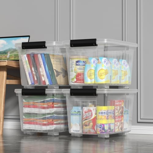 Zopnny 30 Qt Stackable Storage Bins with Lids, Clear Box and Wheels, 4-Pack - Image 4