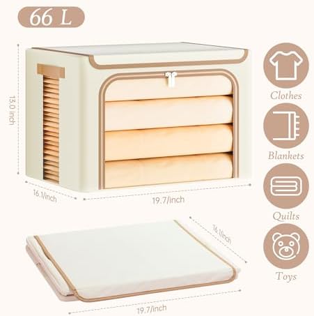 Yecaye Foldable Large Clothes Storage Bins with Lid, Beige, 66L, 3 Pack - Image 2