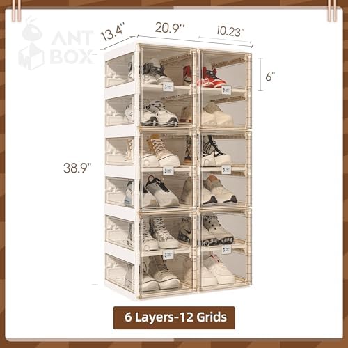 ANTBOX Foldable Shoe Rack,Shoe Organizers for Closet Plastic Shoe Storage Box For Entryway,Living Room,Large Sturdy Stackable Sneaker Cabinet Bins With Magnetic Clear Door 6 Tiers 12 Pairs - Image 3