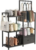 Handbag Organizer - 3 Tier Purse Storage Rack with Pull Out Drawer & 6 Hooks, High Capacity Handbag Holder Shelf, Metal Frame with Wood Shelves for Closet/Bedroom(Dark Grey) by Unknown