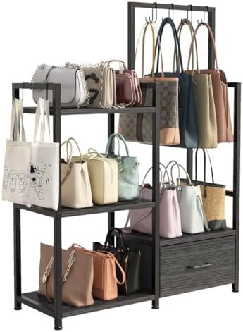 Handbag Organizer - 3 Tier Purse Storage Rack with Pull Out Drawer & 6 Hooks, High Capacity Handbag Holder Shelf, Metal Frame with Wood Shelves for Closet/Bedroom(Dark Grey) by Unknown