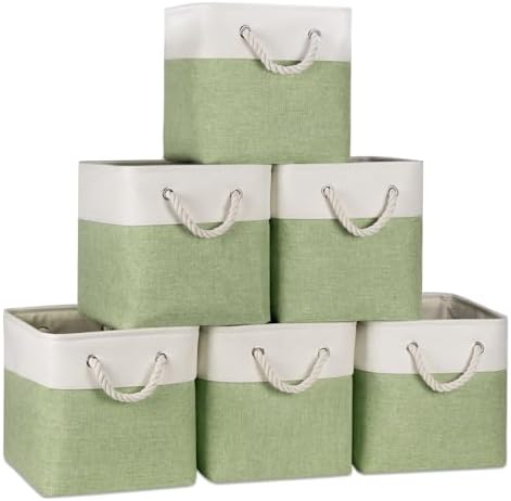 Temary 11 Inch Cube Storage Bins - 6 Pack Foldable Fabric Storage Baskets with Soft Rope Handles, Sturdy Organizer Cubes with Metal Frame for Shelves, Closet, Office & Home Organization (White&Green) by TEMARY