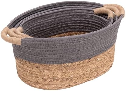 Seville Classics Premium Natural Handwoven Portable Laundry Bin Basket with Carrying Handles, Household Storage for Clothes, Linens, Sheets, Natural Water Hyacinth and Gray Rope, 3 Piece Set - Image 6