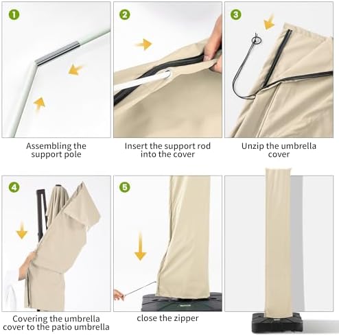 Cantilever Patio Umbrella Cover with Zipper and Pole, Beige - Image 6