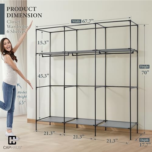 CAPHAUS 67-Inch Clothing Rack with Cover, Portable Closet Wardrobe, Covered Garment Rack for Hanging Clothes, 285LB Capacity Heavy-Duty Metal Frame Clothes Organizer Rack with Storage Shelves - Image 2