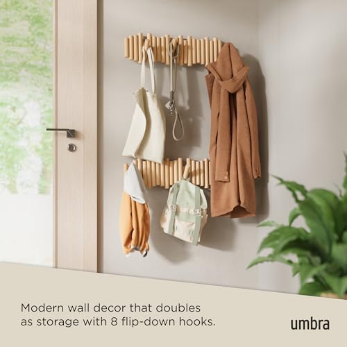 Umbra Picket Coat Rack with 8 Hooks – Natural Wall-Mounted Coat Rack with Flip-Down Wooden Hooks, Real Pine Wood Decorative Wall Storage for Jackets, Hats, Scarves, Bags, Entryway, Bedroom Living Room - Image 4