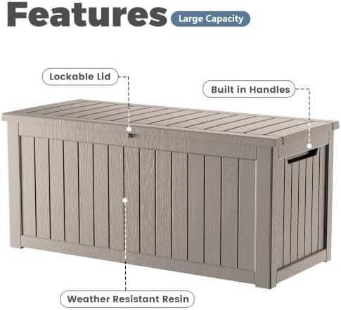 280 Gallon Outdoor Storage Box Waterproof, Lockable Resin Deck Box Large Storage Bin for Patio Furniture Cushion, Garden Tools, Pool Accessories, UV-Resistant Outside Delivery, Grey - Image 5