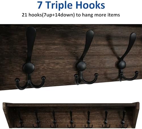 WEBI Coat Rack Wall Mount with Shelf,35" Long Wall Shelf with Hooks Underneath,7 Triple Hooks for Entryway,Hallway,Bedroom,Weathered Brown - Image 5