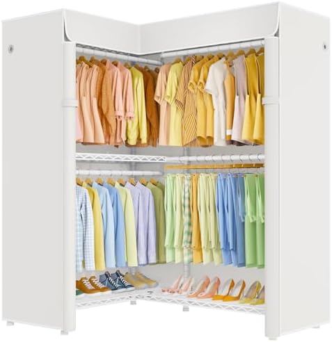 ULIFHOME E15C Garment Rack L Shaped Clothes Rack for Corner，Freestanding Clothing Racks for Hanging Clothes，Heavy Duty Closet Organizer 43.4"W x 15.8"D x 78.4"H，White Rack with White Dustproof Cover by UlifHome