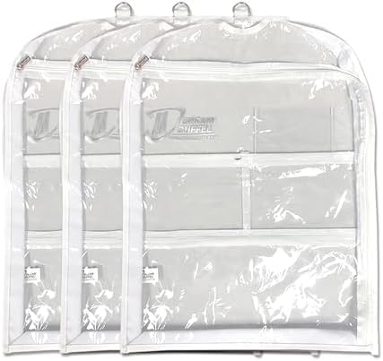 Clear Garment Bags for Dance Costumes 3-Pack, Gusseted, Short-Size, Side Zipper Entry, Storage Pockets for Accessories, 24”x18”x2”, Dream Duffel by DreamDuffel