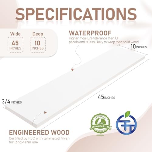 Kaboon 45 inch Long 10 inch Deep Floating Shelves for Wall Set of 2, Large Open Shelves Wall Mounted, Space Saving Home and Commercial Use, White - Image 3