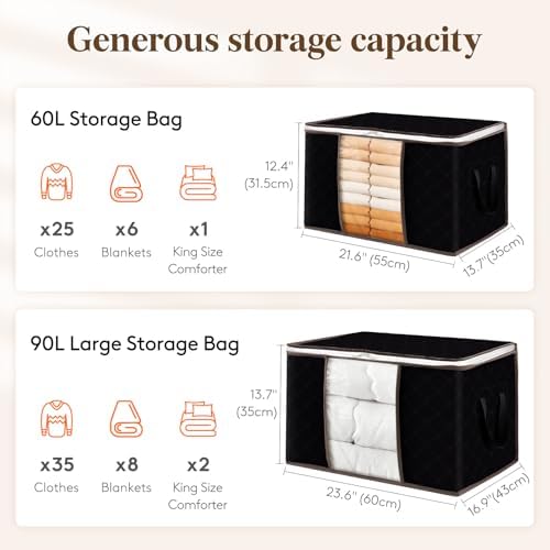 Lifewit Large Capacity Clothes Storage Bag Organizer with Reinforced Handle Thick Fabric for Comforters, Blankets, Bedding, Foldable with Sturdy Zipper, Clear Window, 3 Pack, 90L, Black - Image 2