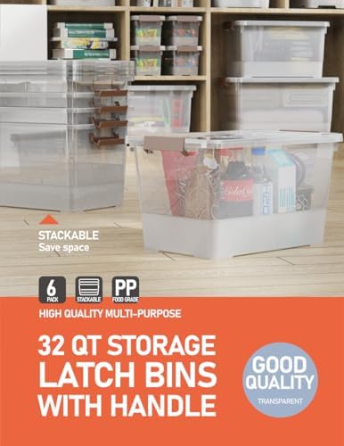 WYT 32 Qt Plastic Clear Storage Bin with Durable Lids and Latching Buckle, 6-Pack Tote Organizing Box Stackable and Nestable - Image 5