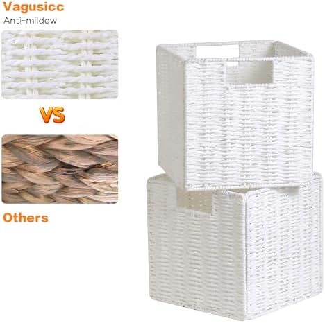 Vagusicc Wicker Storage Basket, Set of 2 Hand-Woven Storage Baskets for Organizing, Foldable Cube Storage Bins, 11 Inch Wicker Storage Baskets for Shelves and Decor, Square Closet Organizer, White - Image 4
