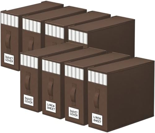 StorageTastic 8 Pack Bed Sheet Closet Organizers and Storage,Sturdy Foldable Storage Containers with Window and Label,Storage and Organization for Bedding Sheets,Duvet Covers,Blankets (Brown) by StorageTastic